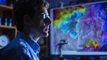 A focused meteorologist stands in the center of his lab intently studying a colorful map of weather patterns displayed on a large computer screen. Behind him shelves are lined with photo