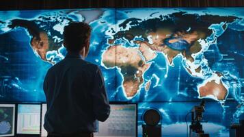 Standing in front of a large map of the world the meteorologist intently studies a series of intricate graphs and charts all related to weather patterns in different regions. With photo