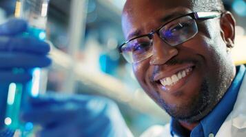 A smiling scientist looks into the camera while holding up a test tube containing a bright blue liquid showcasing the joy and fulfillment that comes from unraveling the mysteries of photo