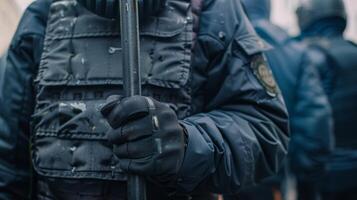 A peaceful protest scene featuring a peacekeeper standing guard their presence a symbol of protection and stability amidst potential conflict. The officer is calm and composed their photo