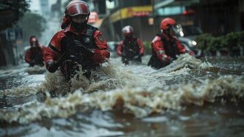 The officers red and black uniforms are soaked through by a downpour their boots trudging through kneedeep flooded streets as they work tirelessly to maintain order in the midst of photo