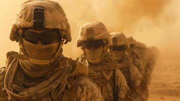 In the midst of a blazing desert sandstorm a line of officers march forward their goggles and scarves protecting them from the elements as they continue their duty without hesitation. photo