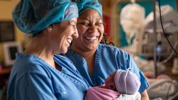 Two midwives stand side by side beaming with pride as they watch a mother cradle her newborn baby their shared passion for safe births evident in the tears of joy streaming down their photo