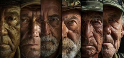 The faces of veterans from different eras and conflicts are presented side by side in a powerful and poignant group portrait each bearing the weight of their own personal sacrifices photo
