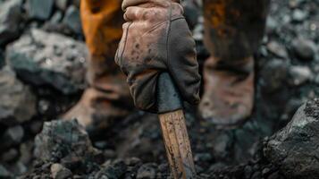 The miners hands grip a pickaxe symbolic of the labour and expertise required for successful industry. photo