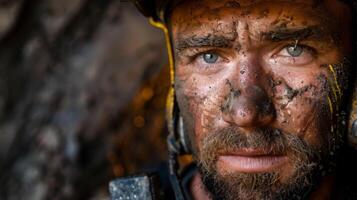 A captivating shot of a miner emerging from a newly carved tunnel covered in dust and sweat bearing a proud and tired expression that reflects the hard work and determination required photo