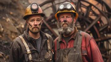 A father and son both dressed in mining gear stand side by side in front of a large mining structure. The fathers weathered face and calloused hands tell the story of a lifetime spent photo