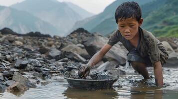 A young boy no more than twelve years old stands kneedeep in murky water his small hands sifting through a sieve filled with grey sludge. As he carefully picks through the debris his photo