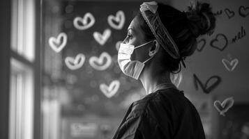 un sorprendentes negro y blanco imagen de un enfermero agotado pero determinado en pie en frente de un hospital ventana adornado con dibujado a mano arcoiris y corazones representando el esperanza y Resiliencia foto