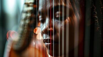 A serene and contemplative portrait of a harpist immersed in the peaceful and melodic tones of their classical music. photo