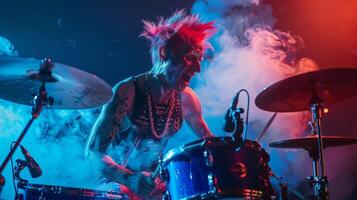 A vibrant and lively portrait of a drummer capturing the highenergy and fastpaced rhythms of their punk rock music. photo