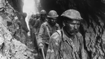A line of brave miners trudging through thick dusty air their pickaxes in hand as they make their way through a narrow tunnel. Despite the exhaustion and discomfort their expressions photo