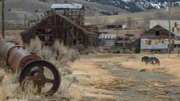 An eerie scene of an abandoned town with dilapidated buildings and abandoned machinery looming in the background. The town was once a thriving community but now stands as a ghost town photo