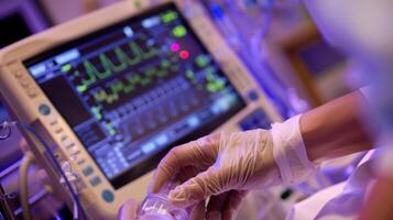 A closeup of a nurses hands deftly administering medication to a patient while simultaneously checking their vital signs on a nearby monitor. The scene is a blur of movement emphasizing photo