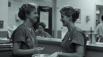 Two nurses sharing a brief moment of reprieve in the break room their scrubs disheveled and hair slightly askew. Laughter and snacks provide a brief respite from the chaos of the night photo
