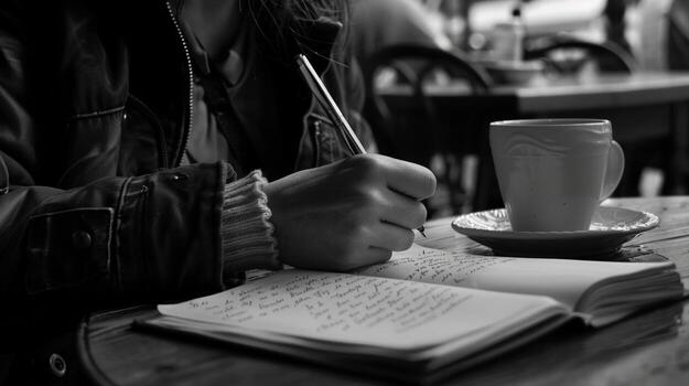 Seated at a cafe table a person scribbles furiously in a notebook their eyes shining with excitement as they bring their characters to life on paper their imagination running wild photo