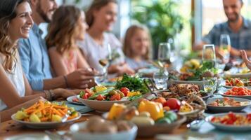 A lively family dinner party is depicted with a spread of wholesome and wellbalanced dishes on the table. The nutritionist of the family stands proudly at the head of the table sharing photo