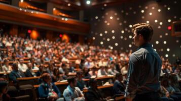 Standing on a stage in front of a packed lecture hall a keynote speaker shares their experiences and insights with an audience of aspiring professionals. Peering out at the eager faces photo