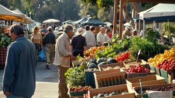 At the entrance of a charming farmers market a friendly vendor greets customers with a smile as they browse the colorful displays of fruits and vegetables. Boxes of ripe strawberries photo