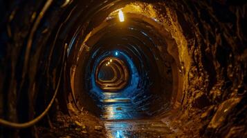 A maze of dark narrow tunnels lit only by the dim flickering light of lanterns giving a glimpse at the dangers and challenges faced by those who work underground. photo