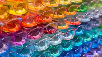 A shot of a colorful display case filled with a variety of contact lenses in different shades and tinted glasses showcasing the wide range of options available to enhance ones vision. photo