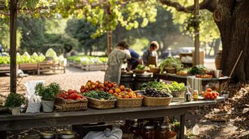Under a canopy of trees a group of individuals work together to set up a popup farmers market. Tables are decorated with baskets of colorful tomatoes bunches of fragrant herbs and photo