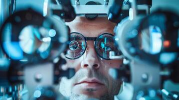 A striking portrait of an optometrist surrounded by various lenses and instruments symbolizing their expertise in providing personalized solutions for each individuals specific vision photo
