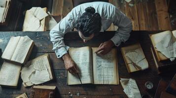 Atop a worn wooden desk lie open books quill and ink and tered papers as the owner leans over to carefully write each word with deep thought and consideration. photo