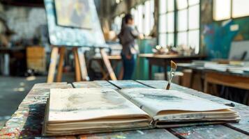 A sketchbook lies open on a wooden table filled with the rough beginnings of a painting. In the background the artist can be seen standing at an easel brush in hand as she brings her photo