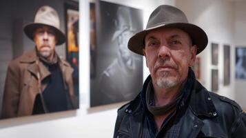 In the third image the artist is captured standing in front of a large gallery exhibition of their work. The various pieces on display showcase the evolution of their style and technique photo