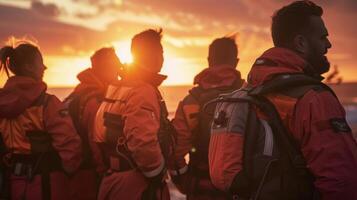 As the sun sets on the horizon a team of paramedics huddle together after a long day debriefing and sharing stories before heading home. photo