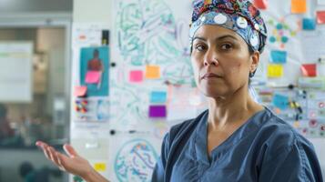 A portrait of a paramedic standing in front of a whiteboard covered in notes and diagrams their scrub cap adorned with colorful pins and patches. The passion for their job shines through photo