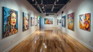 A group of finished paintings displayed on gallery walls each one with a distinct style and vision showcasing the diverse range of creative perspectives that only an artist can possess. photo