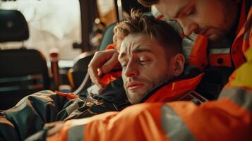 A paramedic gently comforting a distressed patient while simultaneously assessing their vitals showcasing their empathetic and compassionate nature in handling various cases. photo