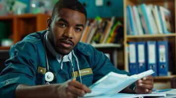 A paramedic trainee sits at a desk diligently studying various medical textbooks and notes highlighting and taking notes with a look of determination on their face. Their determination photo