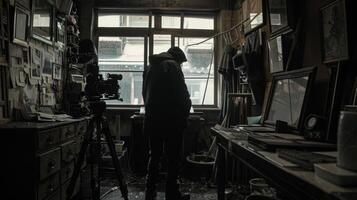 A striking image capturing the enigmatic shadows and silhouettes in a busy darkroom as a photographer works tirelessly to bring their images to life. photo