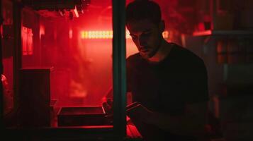 A captivating portrait of a photographer standing in the hazy glow of a red safe light their focused gaze fixed on the developing tray as they work their magic in the darkroom. photo