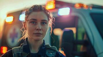 Portrait of a paramedic standing tall and proud in front of their ambulance with a look of determination on their face. The ambulances lights are flashing in the background symbolizing photo