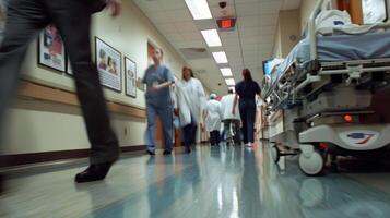 A behindthescenes view of a busy hospital hallway as doctors and nurses rush past carrying charts and pushing various machines on wheels with posters on the walls displaying emergency photo