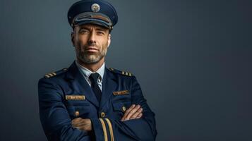 A confident pilot stands tall in his crisp uniform complete with a navy blue jacket adorned with gold stripes and a matching hat. His arms are crossed and a determined expression graces photo