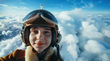 In this portrait a young pilot is captured in midair a look of concentration on their face as they soar high above a sea of fluffy white clouds. The vast expanse of sky behind them photo