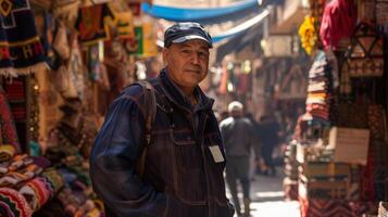 In the heart of a bustling market a pilot stands surrounded by vibrant colors and exotic smells. His confident stance and map in hand reflect his ability to navigate through any culture photo