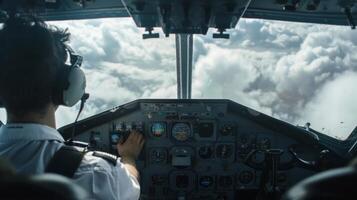 Through the pit window we see the back of a determined pilot his hands firmly on the controls as he skillfully maneuvers through the clouds. Below the earth is obscured by a layer photo