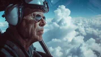 A rugged pilot gazes out of the pit window his reflection caught in the glass as he navigates his way through billowy clouds. The serene blue sky stretches out behind him providing photo