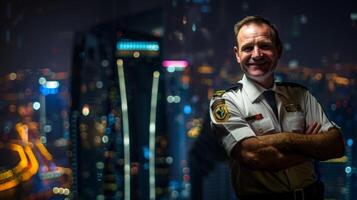 Against a backdrop of towering skysers a pilot poses with his arms crossed a wide smile on his face. The city lights below represent the endless destinations he has flown to and the photo