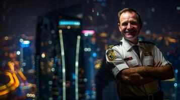 en contra un fondo de imponente skysers un piloto poses con su brazos cruzado un amplio sonrisa en su rostro. el ciudad luces abajo representar el interminable destinos él tiene volado a y el foto