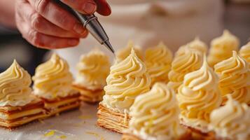 With precise hands the pastry chef artfully pipes swirls of zesty lemon curd between stacks of flaky puff pastry creating a mouthwatering lemon millefeuille. photo