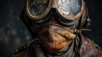 A worn leather flying cap takes center stage in this portrait its weathered surface a testament to years of flying through all kinds of conditions. The goggles hanging around the neck photo