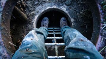 A view from below the ground looking up at a ladder disappearing into the darkness. At the top a pair of boots can be seen standing at the entrance of a manhole indicating the presence photo