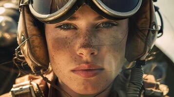 Next we see a striking closeup of a womans face her neatly pinned hair hidden under a classic aviator hat. The sunkissed skin attests to hours spent in the pit while the silver wings photo